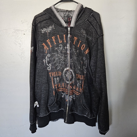 Affliction Men's XL Reversible  Black Gray Orange Edgy Zip-Up Jacket Cross Skull - Picture 7 of 13